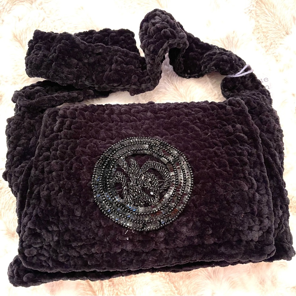 BJB211 Black Velvet crocheted  Hand Bag one of a kind